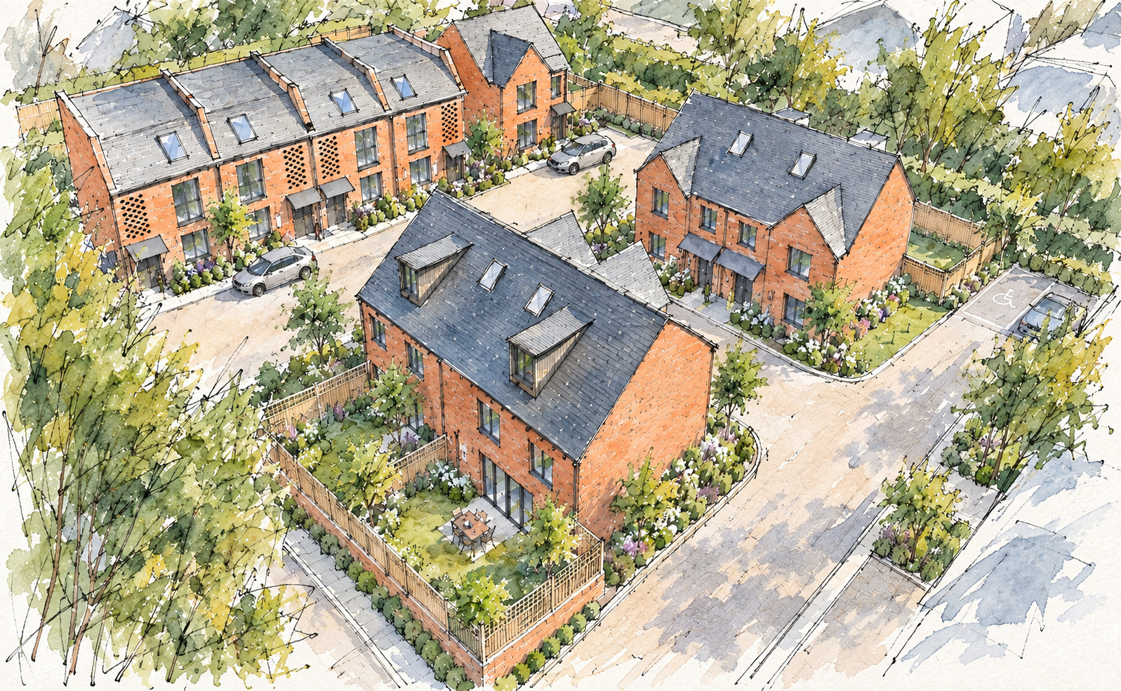 Aerial watercolor illustration of a landscaped brick townhouse development with slate roofs, private gardens, parked cars, and an accessible parking space