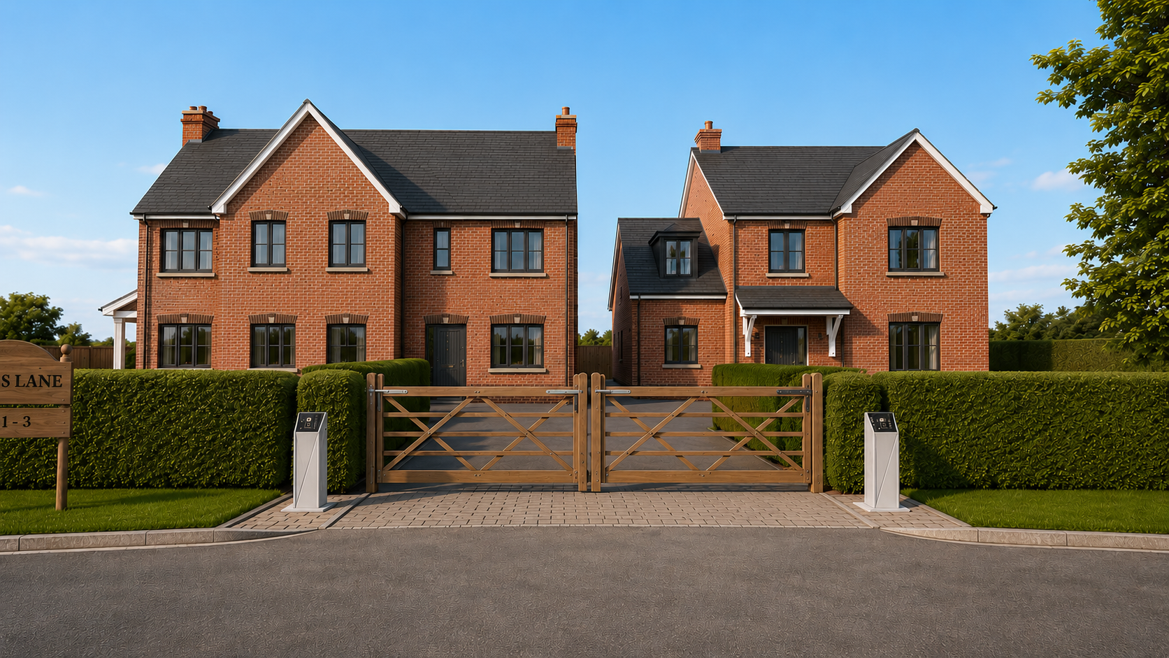 Two red-brick houses with black roofs behind wooden driveway gates and neatly trimmed hedges