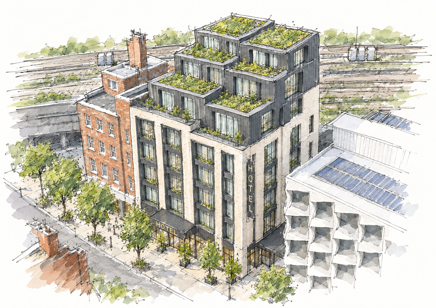 Architectural illustration of a modern urban hotel with stepped green rooftops, street-level trees, neighboring brick buildings, and rooftop solar panels.