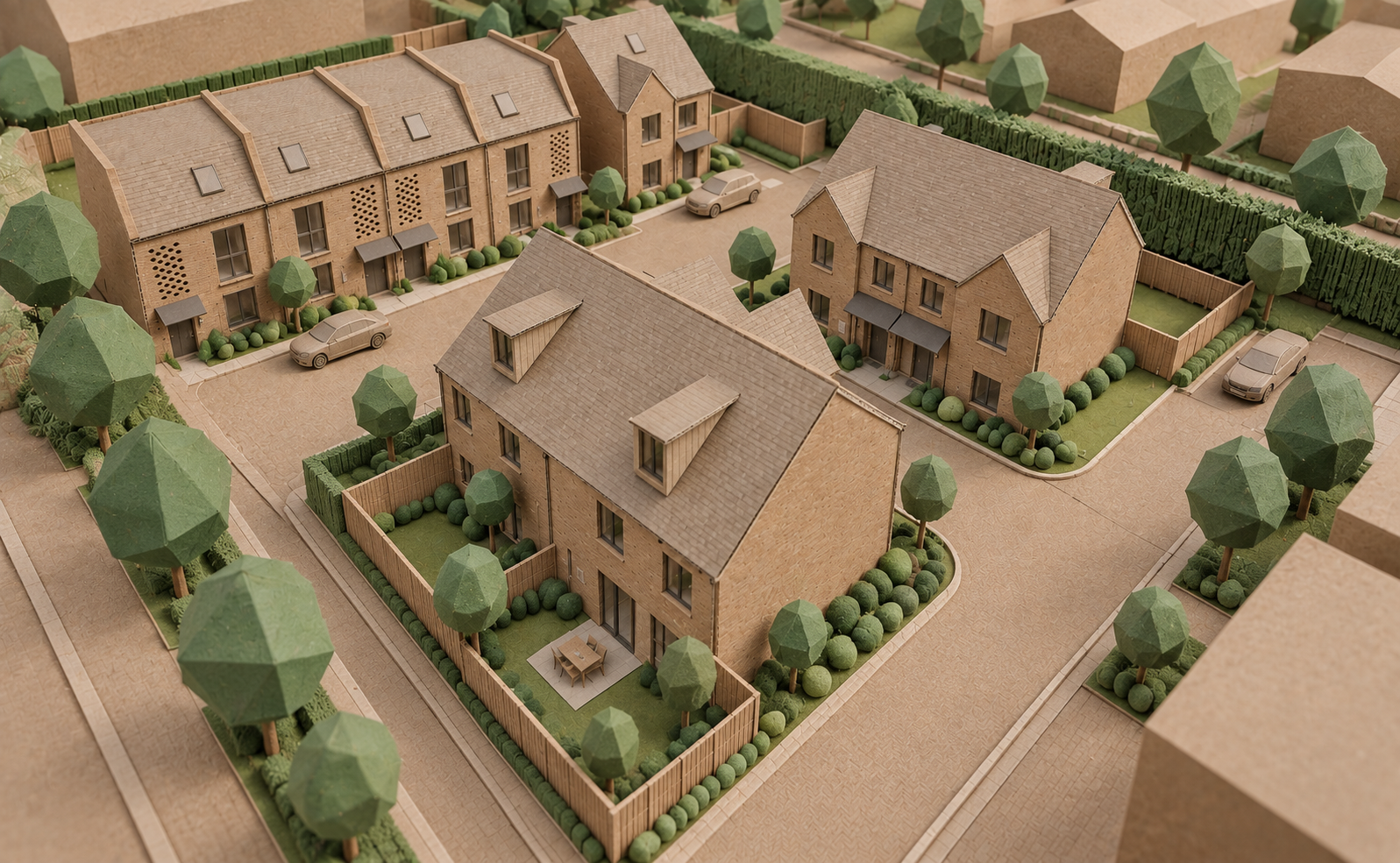 Aerial view of a miniature residential development with brick townhouses, detached homes, landscaped gardens, hedges, trees, paved streets, and parked cars.
