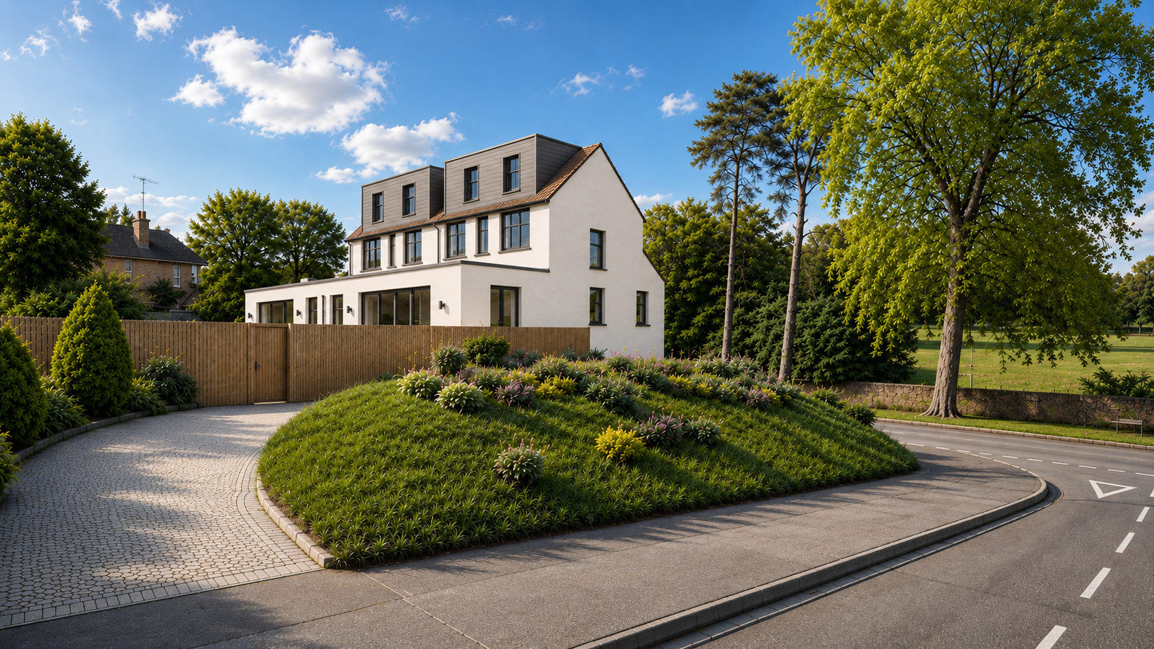 Modern white multi-story house with landscaped garden, wooden fence, cobblestone driveway, and tree-lined street