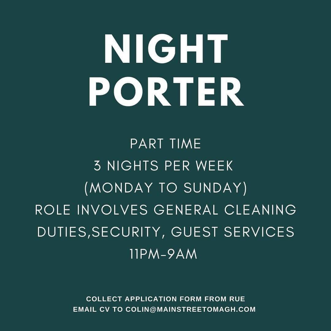 🌟 We&rsquo;re hiring 🌟 

📌 N I G H T  P O R T E R 

📌 C L E A N E R 

➡️Get in touch with us today or call in and collect a Job Application Form in Rue Restaurant!

📱 If you have any queries or questions; send us a DM!

We look forward to hearin