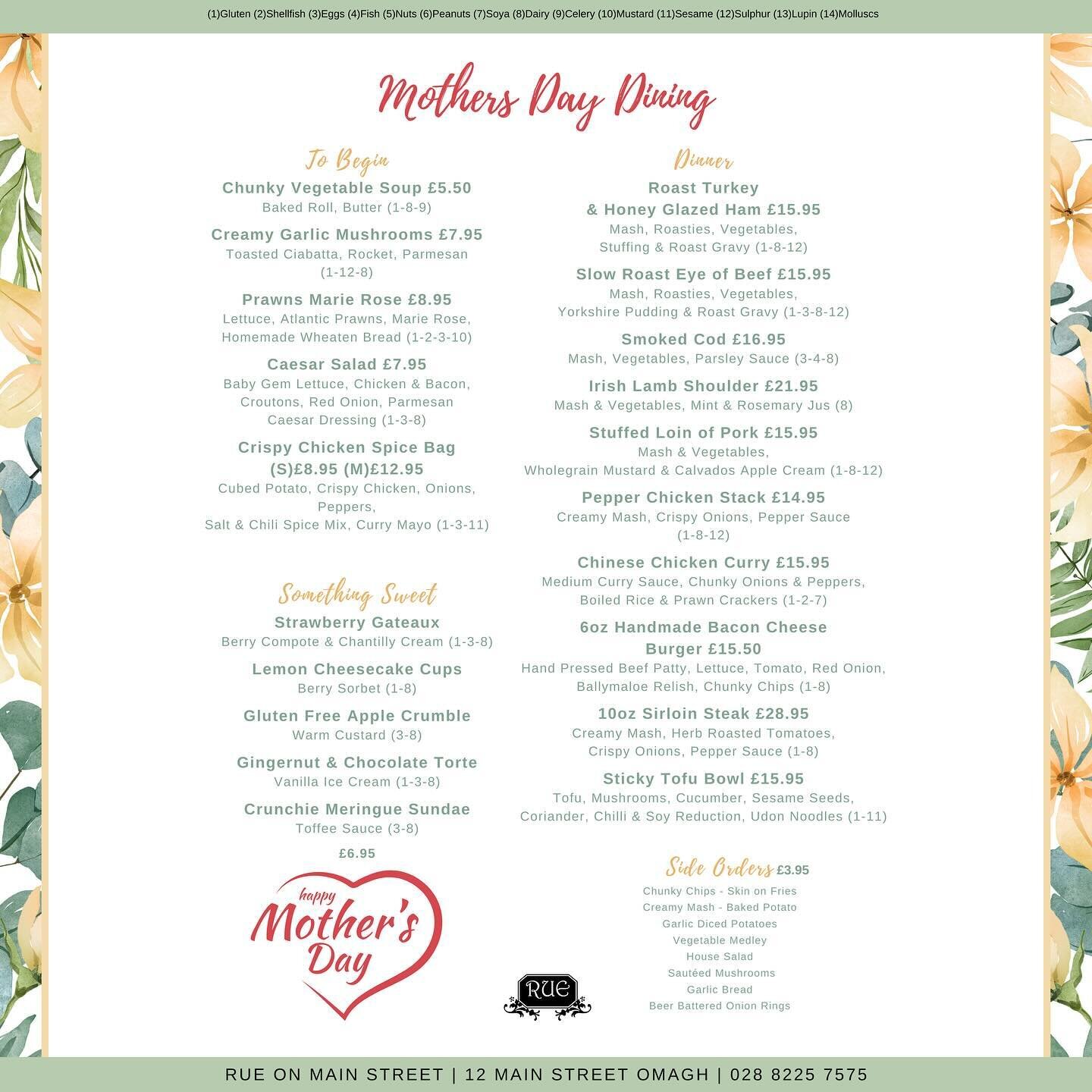 🌺 Mothers Day Dining 
Treat mum to a delicious dining experience at Rue!!
☎️ 028 8225 7575