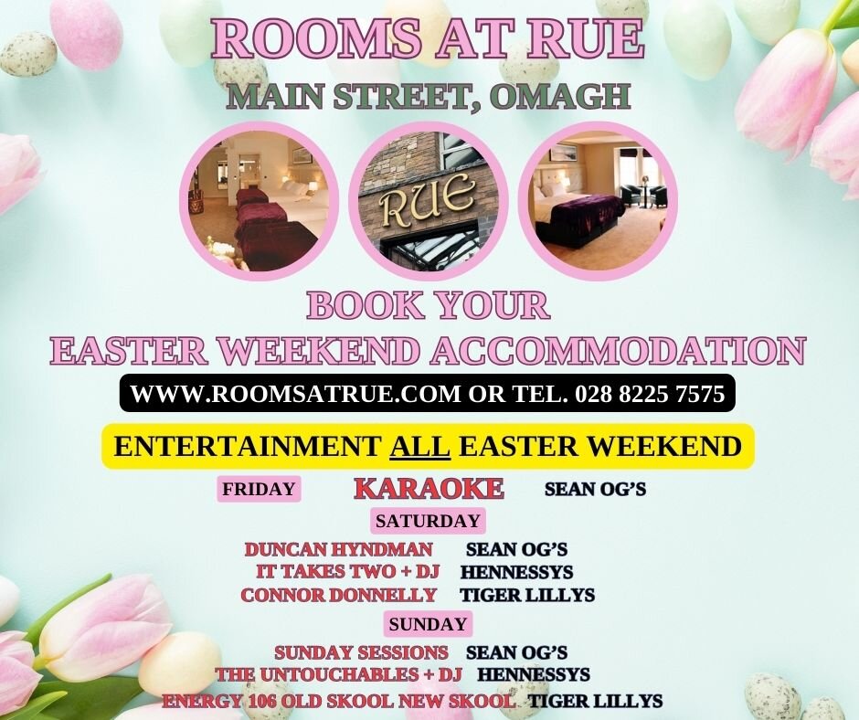 We have an Easter PACKED full of entertainment for you!
Why not book your weekend stay with us this Easter in Rooms At Rue?
Book direct for the best rates! www.rooomsatrue.com or Tel. 028 8225 7575
#MainStreetOmagh #ruemainstreetomagh #easter
