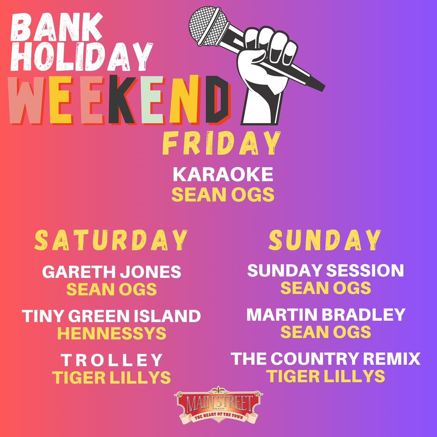 BANK HOLIDAY WEEKEND
We have you covered on MAINSTREET
Live Music all weekend 🎶 
#livemusic #bankholiday #weekend