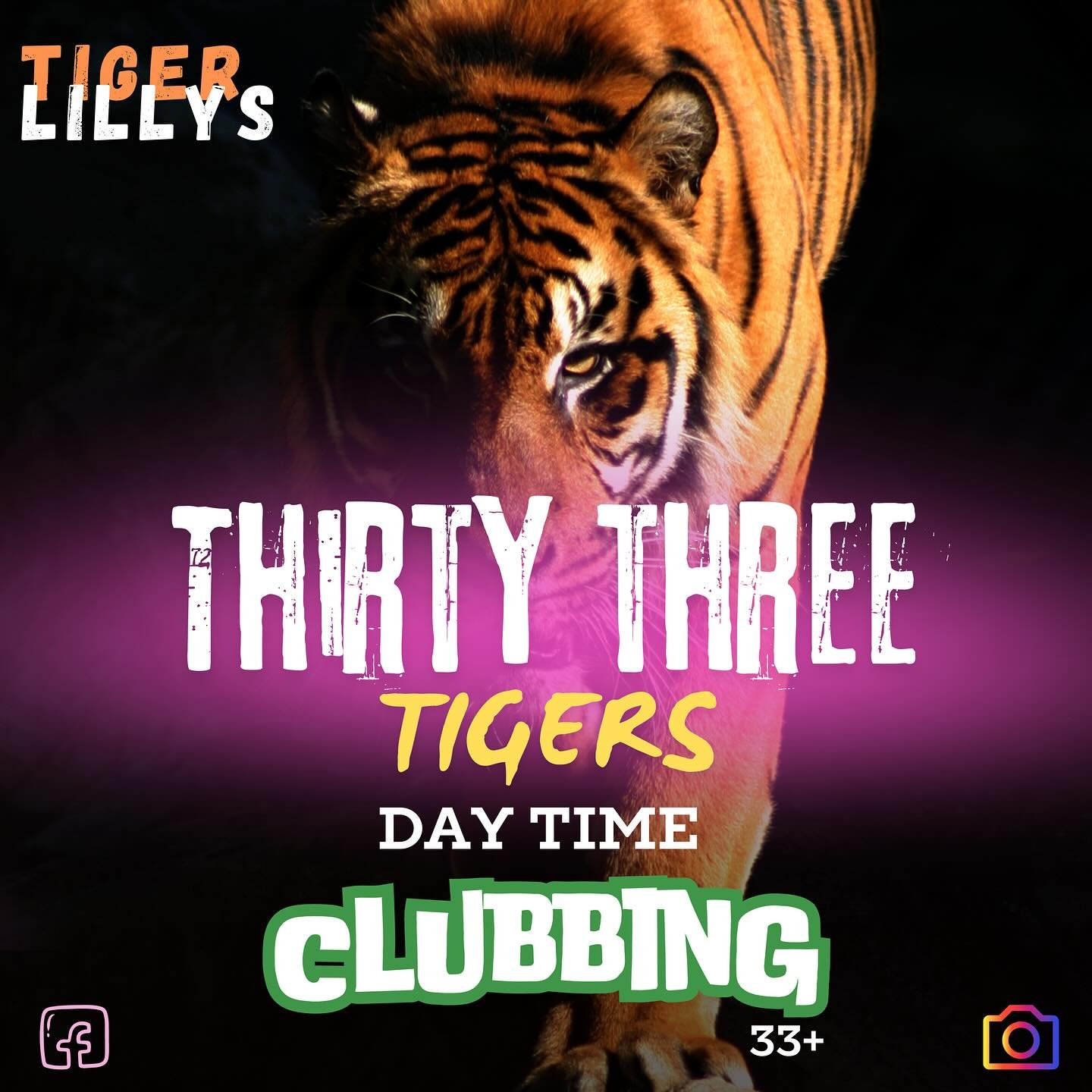 🐯 𝗧 𝗛 𝗜 𝗥 𝗧 𝗬  𝗧 𝗛 𝗥 𝗘 𝗘  𝗧 𝗜 𝗚 𝗘 𝗥 𝗦 🐯 
D A Y  T I M E  C L U B B I N G
T I G E R  L I L L Y S 
𝕔𝕠𝕞𝕚𝕟𝕘 𝕥𝕠 𝕆𝕞𝕒𝕘𝕙 𝕥𝕙𝕚𝕤 𝕊𝕦𝕞𝕞𝕖𝕣
keep your 👀 peeled for the deets!! 
Live DJ Sets ✅ 
Entertainment Galore ✅ 
Party 