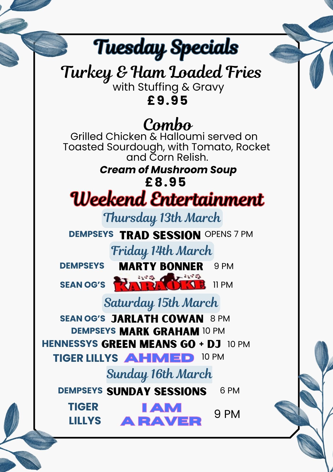 Tuesday is a great day to get loaded .......... LOADED FRIES! 😜😜 We also have our delicious Combo (changed weekly) available every lunchtime Monday - Friday, alongside our full lunch menu (available until 5 pm). Our evening menu is served 5 - 8 pm 