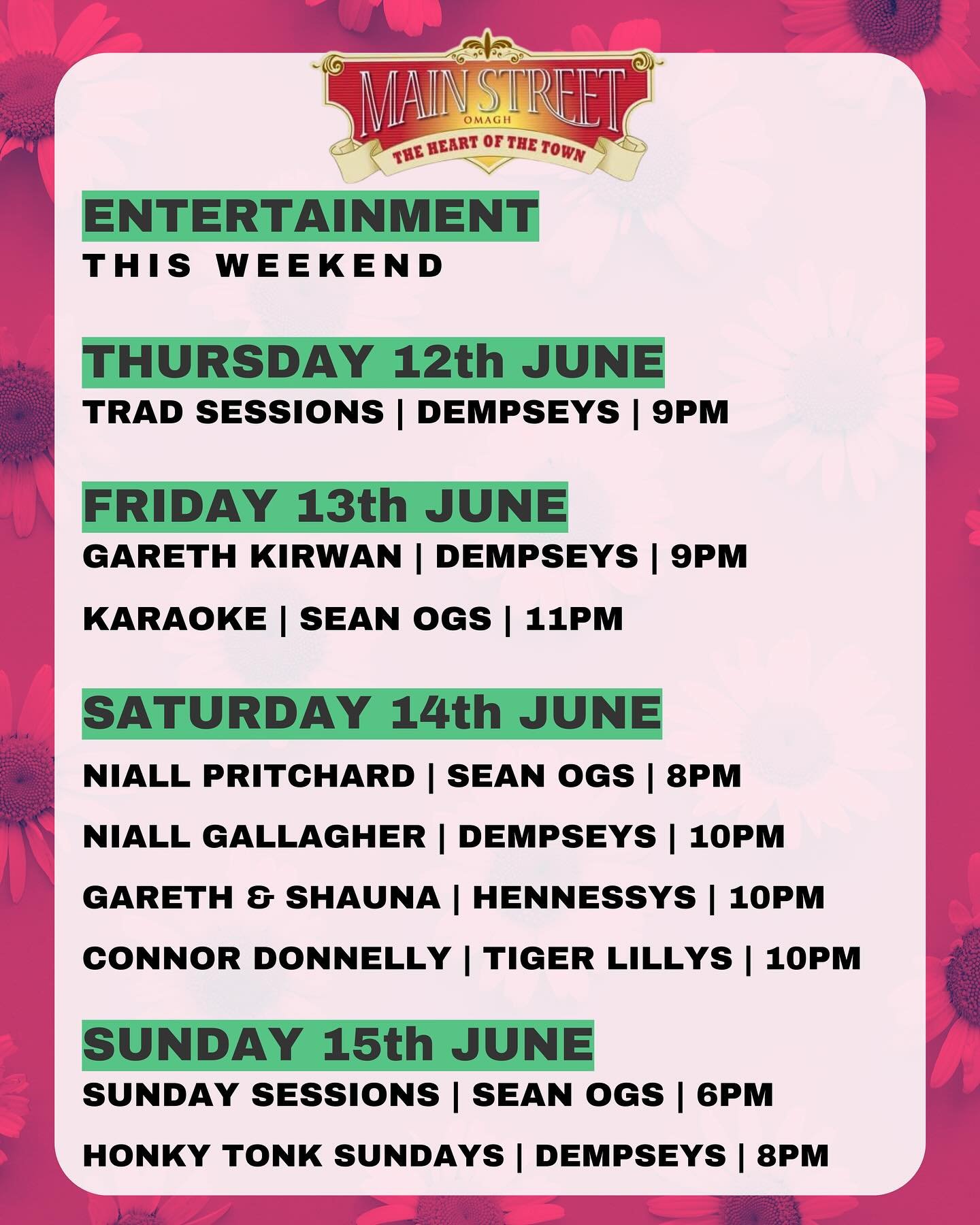 It&rsquo;s shaping up to be another #actionpacked weekend of entertainment on MainStreet!!
Kicking off tonight with our Thursday Traditional Session in Dempseys 🎶