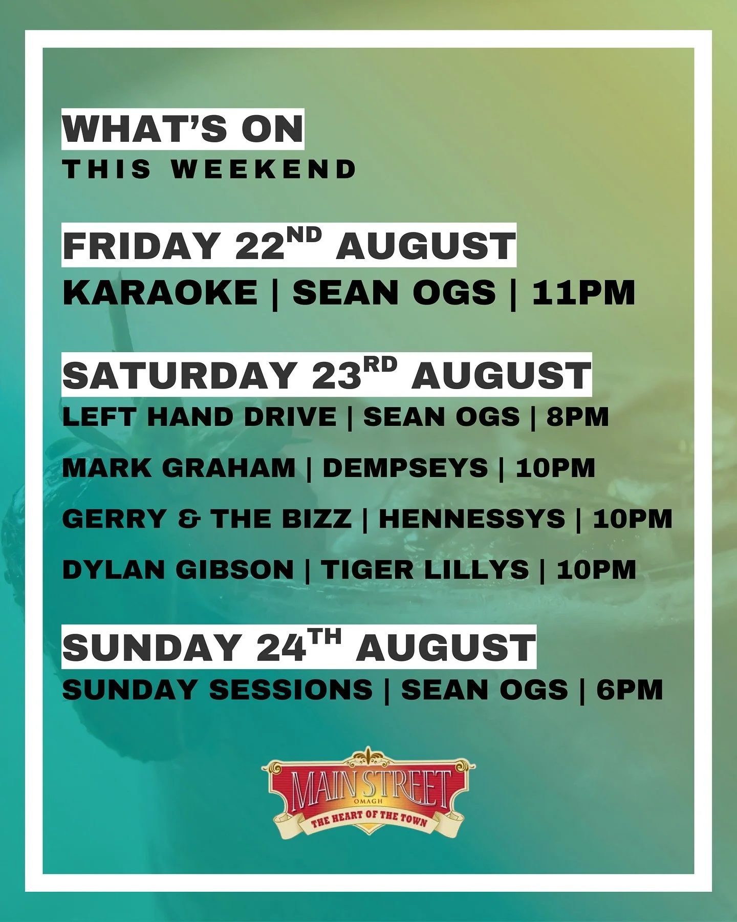 𝐖𝐡𝐚𝐭&rsquo;𝐬 𝐨𝐧 𝐭𝐡𝐢𝐬 𝐖𝐄𝐄𝐊𝐄𝐍𝐃 ☀️ 
Get set for the #bankholidayweekend☀️ on MainStreet!
We can&rsquo;t promise the sunshine, but we can promise a fantastic lineup of #entertaiment all weekend!!!!