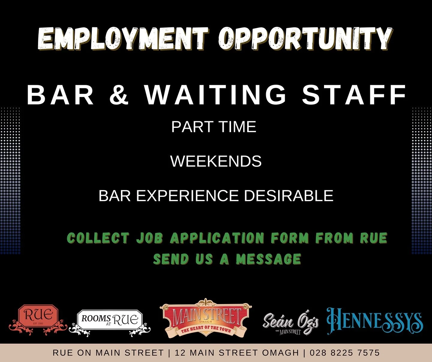 📍 We&rsquo;re Hiring
B A R &amp; W A I T I N G  S T A F F 
D O O R  S T A F F 
Collect a #jobapplication Form from Rue or send us a Private Message with your experience 🙌