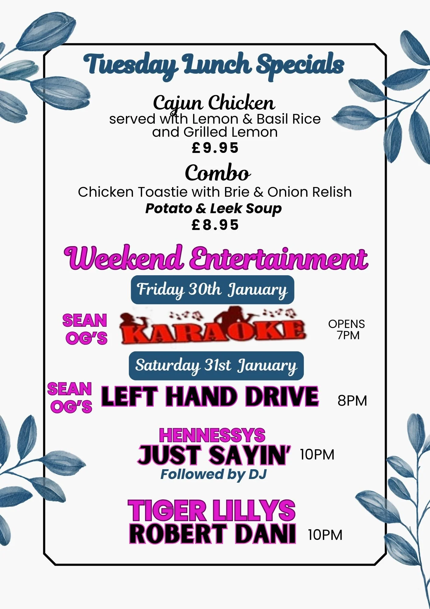 Call into Rue Main Street today and try one of our delicious Lunch Specials! 😀Available from 12 noon, while stocks last! We also have a full Lunch Menu available until 5 pm, with our Evening Menu served 5 - 8 pm. 
If you'd like to book a table, give