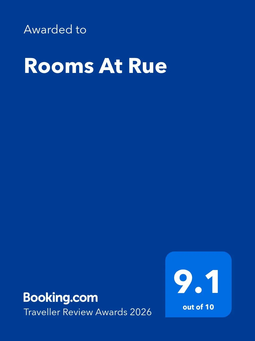 🌟🏆HUGE CONGRATULATIONS! 🏆🌟

We're thrilled to congratulate Rooms at Rue for achieving an incredible 9.1 out of 10 in Traveller Reviews! 🎉

This outstanding award is a true testament to the dedication, exceptional service, and the unforgettable e