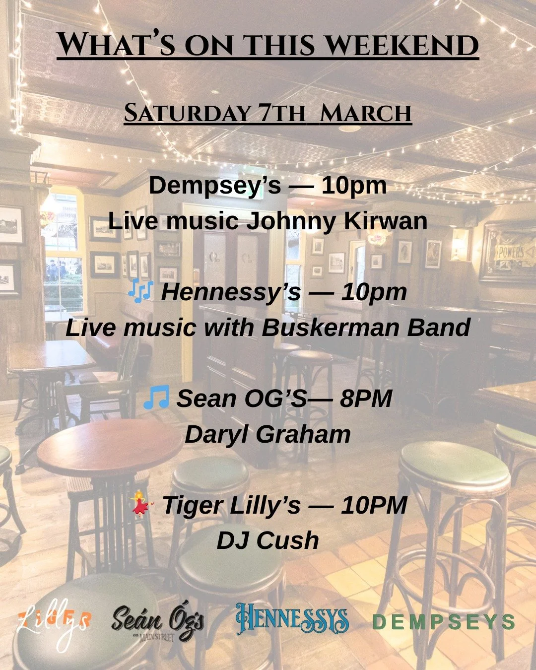 🎉 What&rsquo;s On This Weekend &ndash; Saturday 7th March 🎉

Main Street Omagh is the place to be this Saturday night! 🍻🎶

With live music across our venues and a late-night DJ set to keep the party going, there&rsquo;s something for everyone. Wh