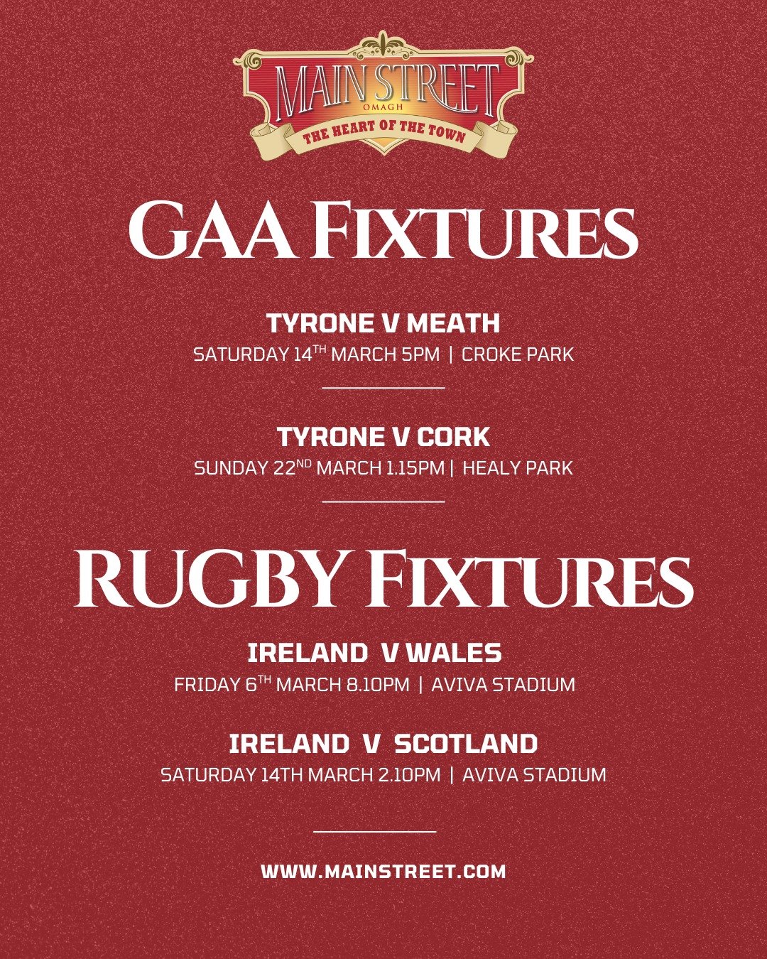 🏐🏉 𝘽𝙞𝙜 𝙈𝙖𝙩𝙘𝙝 𝙀𝙣𝙚𝙧𝙜𝙮 𝙏𝙝𝙞𝙨 𝙈𝙖𝙧𝙘𝙝! 🏉🏐

There are some massive games coming up this month across both GAA and rugby &ndash; and there&rsquo;s no better place to enjoy the buzz than Main street Omagh ❤️

Make a day (or night) of