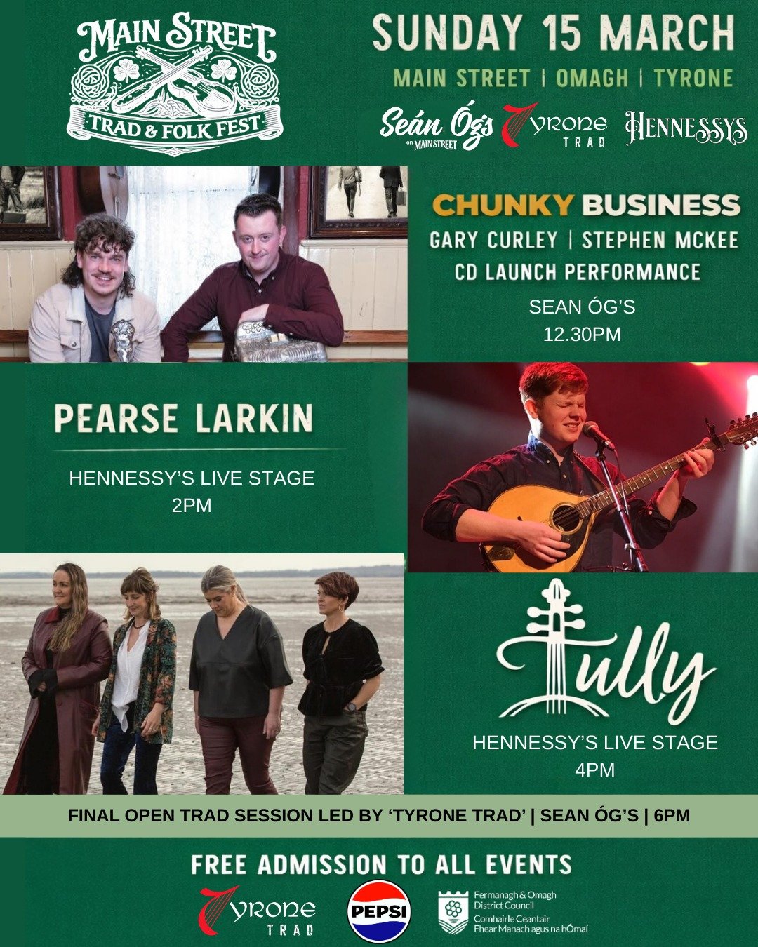Join us on Main Street, Omagh for a fantastic day of traditional music as part of the first ever Main Street Trad &amp; Folk Fest! Enjoy an afternoon of incredible live performances across two great venues. 
Line-up:
✨ Chunky Business &ndash; CD Laun
