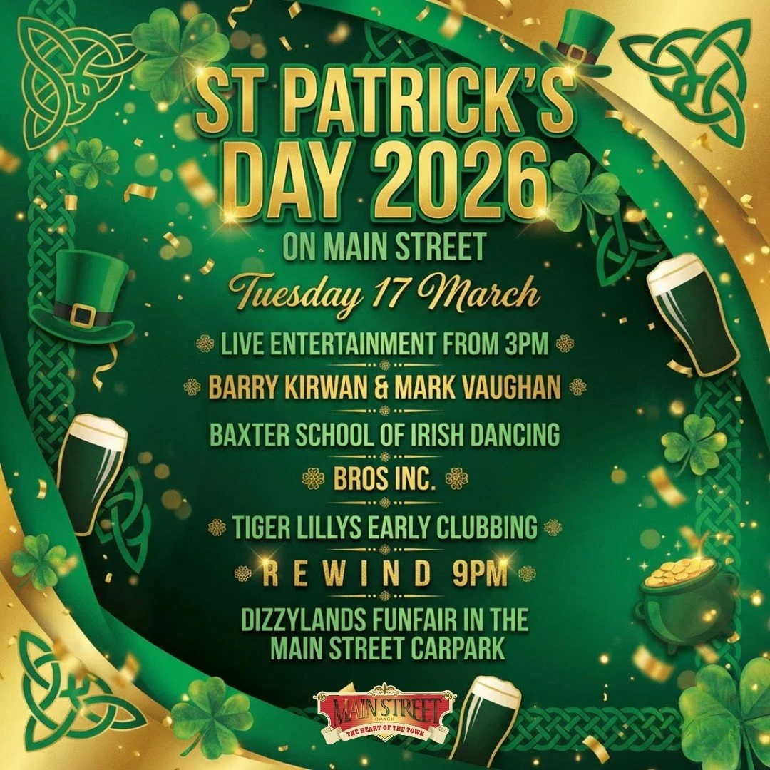 You heard what is happening pre St Patrick&rsquo;s Day&hellip; now let&rsquo;s find out what is happening on St Patrick&rsquo;s Day! ☘️🎉

Tuesday 17 March | Main Street

The town will be buzzing with live entertainment from 3PM featuring:

🎤 Barry 
