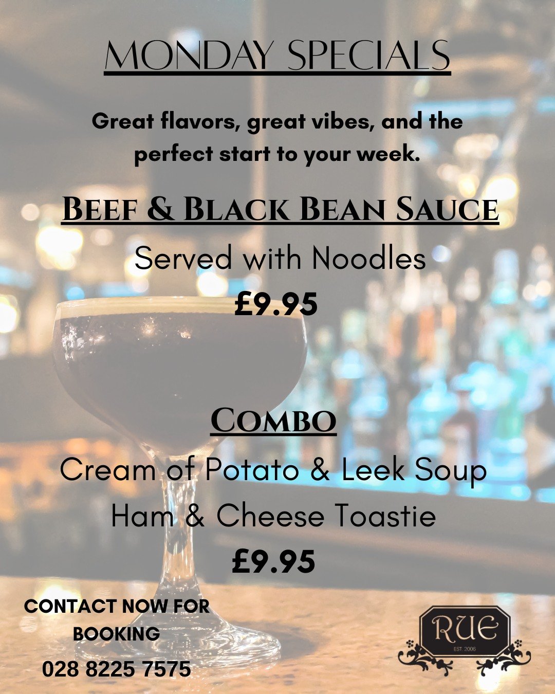 🍽️ 𝗠𝗼𝗻𝗱𝗮𝘆 𝗟𝘂𝗻𝗰𝗵 𝗦𝗽𝗲𝗰𝗶𝗮𝗹𝘀 𝗮𝘁 𝗥𝘂𝗲

Start your week the right way with our Monday Specials &mdash; great flavours and the perfect lunchtime treat!

🥢 𝐁𝐞𝐞𝐟 &amp; 𝐁𝐥𝐚𝐜𝐤 𝐁𝐞𝐚𝐧 𝐒𝐚𝐮𝐜𝐞 𝐰𝐢𝐭𝐡 𝐍𝐨𝐨𝐝𝐥𝐞𝐬
𝐎𝐧𝐥?