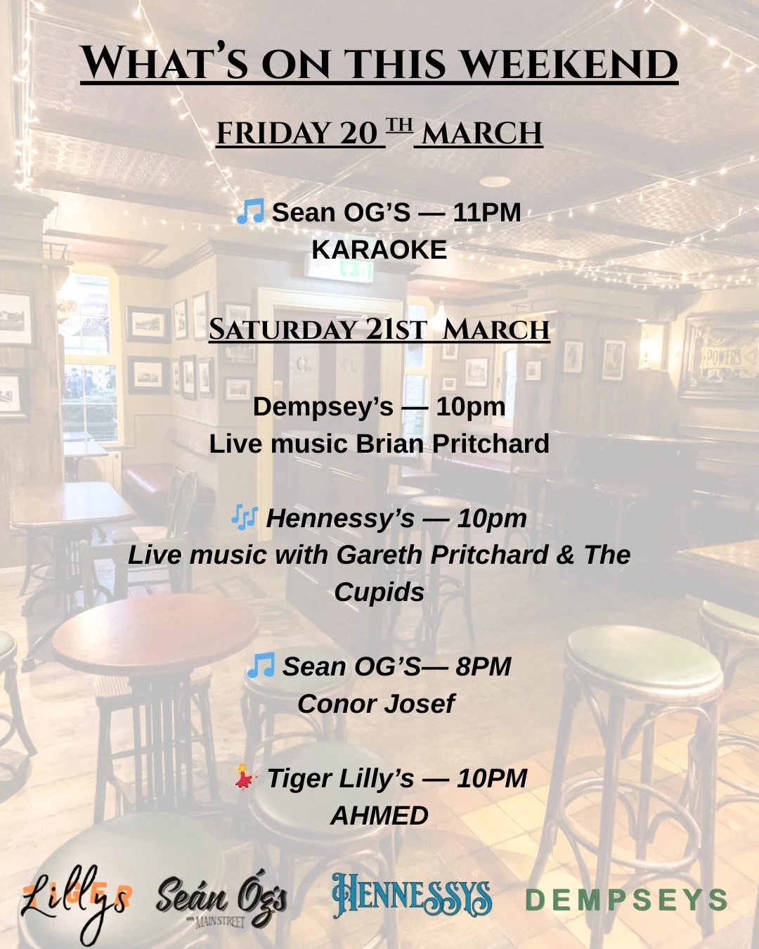 🎶 What&rsquo;s On This Weekend in Omagh! 🎤

Looking for a bit of music, karaoke, or a great night out? Here&rsquo;s what&rsquo;s happening around town this weekend 👇

📅 Friday 20th March
🎤 Sean &Oacute;g&rsquo;s &ndash; 11PM
Karaoke night &mdash