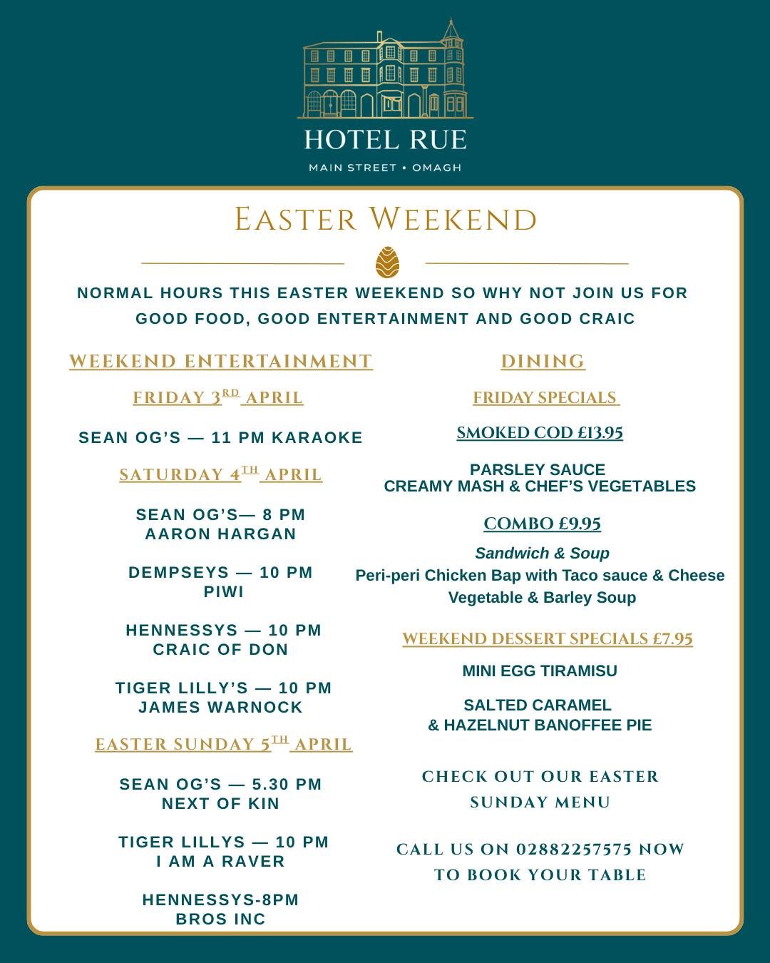 🌸🐣 EASTER WEEKEND AT HOTEL RUE 🐣🌸

We&rsquo;re open as normal this Easter weekend &ndash; so why not join us for great food, live entertainment, and plenty of good craic! 🎶🍴

🎤 WEEKEND ENTERTAINMENT
Good Friday (3rd April)
&bull; Sean &Oacute;