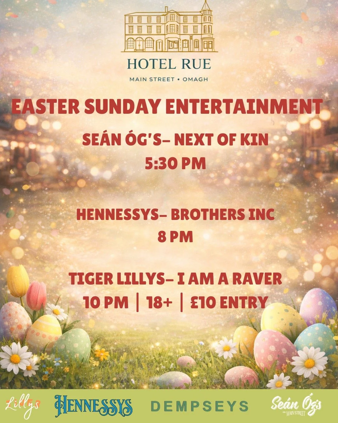 🌼 EASTER SUNDAY AT HOTEL RUE!!

Sean &Oacute;g&rsquo;s &mdash; Next of Kin (5:30PM)

Hennessy&rsquo;s &mdash; Brothers Inc (8PM)

Tiger Lilly&rsquo;s &mdash; I Am A Raver (10PM | 18+ | &pound;10 entry)

No matter your vibe, we&rsquo;ve got your week