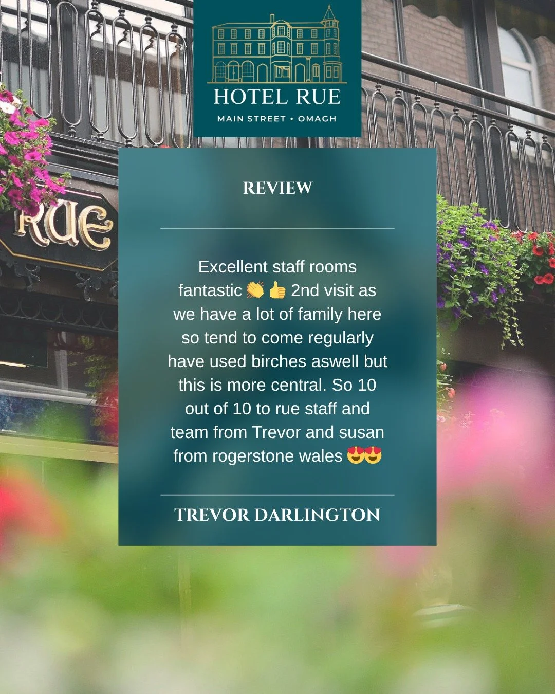 Another lovely review from one of our returning guests 💚

&ldquo;Excellent staff, rooms fantastic 👏👍 2nd visit as we have a lot of family here so tend to come regularly. This is more central&hellip; So 10 out of 10 to the Rue staff and team!&rdquo