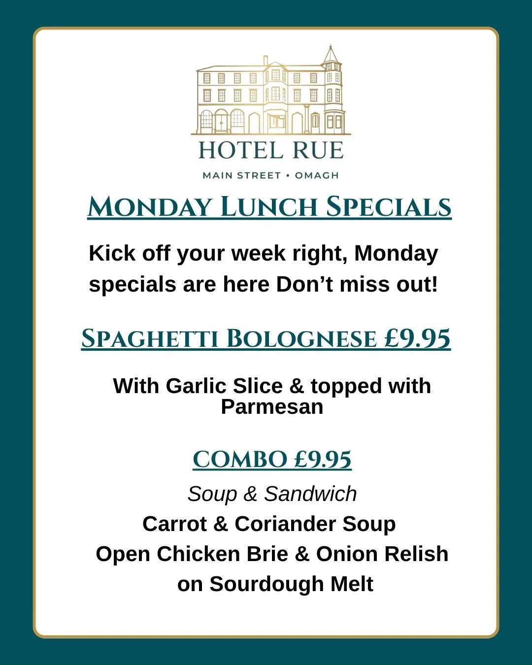 Start your week the right way with our Monday Lunch Specials at Hotel Rue 🍽️✨

Enjoy a comforting **Spaghetti Bolognese for just &pound;9.95**, served with garlic slice &amp; parmesan 🤤

Or grab our **Soup &amp; Sandwich Combo for &pound;9.95** &md