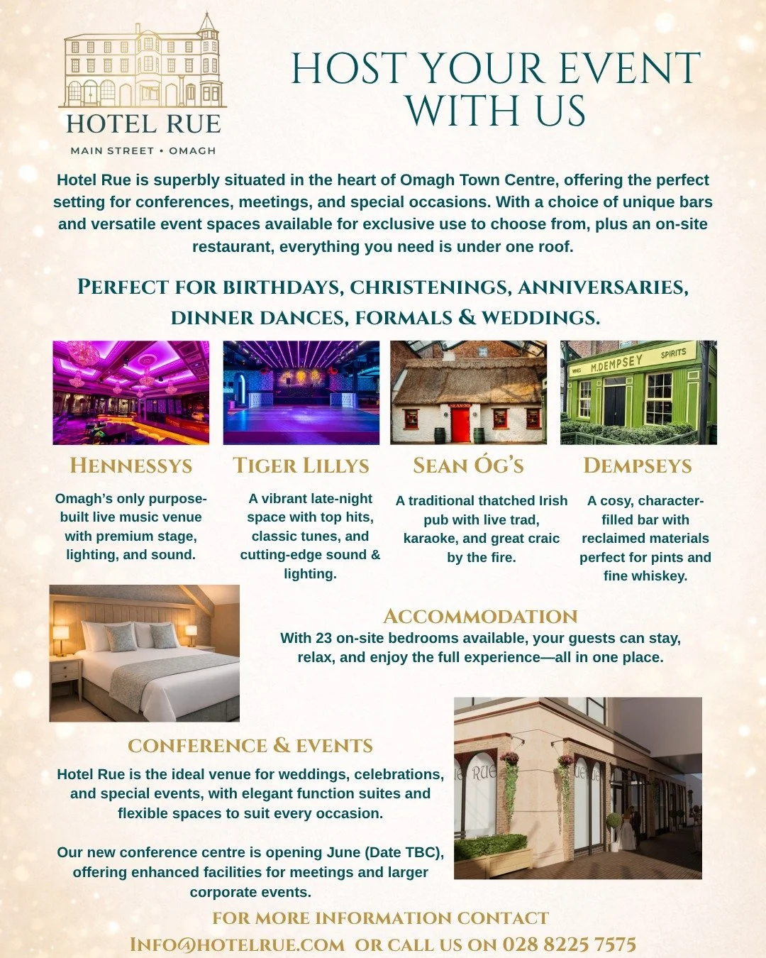 ✨ Host Your Next Event at Hotel Rue ✨

Celebrate in style in the heart of Omagh.

From conferences and meetings to weddings and special occasions, Hotel Rue offers exceptional spaces paired with outstanding hospitality &mdash; all under one roof.

🎉