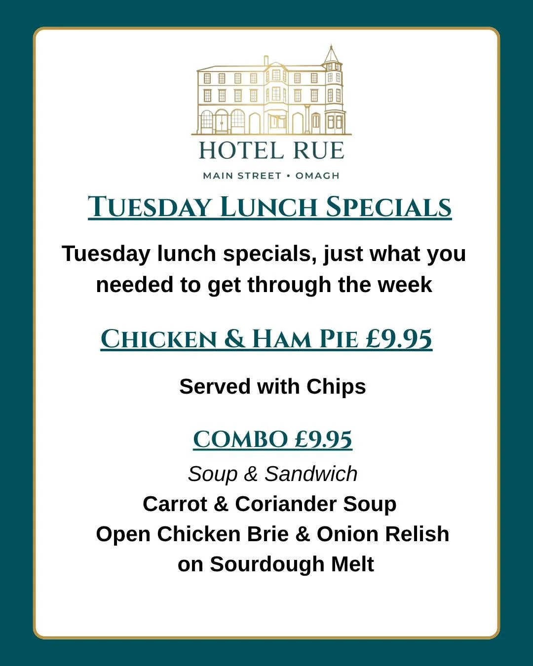Tuesday Lunch Specials at Hotel Rue 🍴

Take a well-earned break and treat yourself this Tuesday&hellip;

✨ Chicken &amp; Ham Pie with chips &ndash; &pound;9.95
✨ Soup &amp; Sandwich Combo &ndash; &pound;9.95
🥕 Carrot &amp; Coriander Soup
🧀 Open Ch