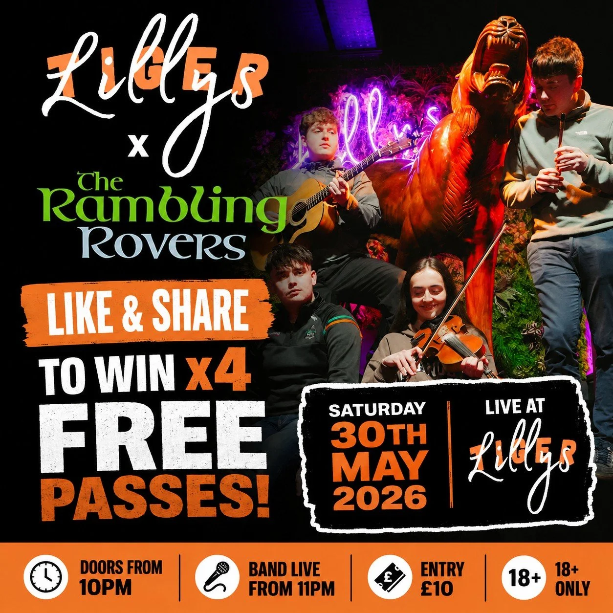 🎻🔥 GIVEAWAY TIME 🔥🎻

We&rsquo;re giving YOU the chance to win FREE passes to see The Rambling Rovers LIVE at  Tiger Lillys on 30th May 2026! 🍀🎶

We&rsquo;ve got x4 FREE passes up for grabs for a night packed with live music, good vibes, and ple