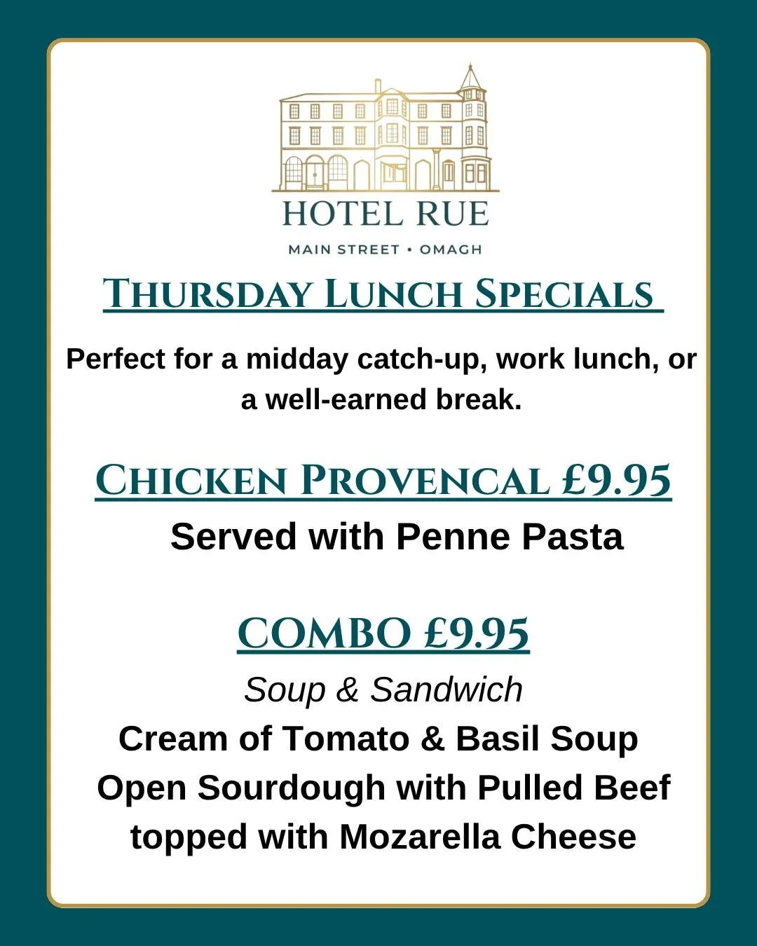 ✨ Thursday Lunch Specials at Hotel Rue ✨

Take a break from the busy day and enjoy one of our delicious lunch specials this Thursday 🍴

🔥 Chicken Provencal served with Penne Pasta &ndash; only &pound;9.95

🥣 Soup &amp; Sandwich Combo &ndash; &poun