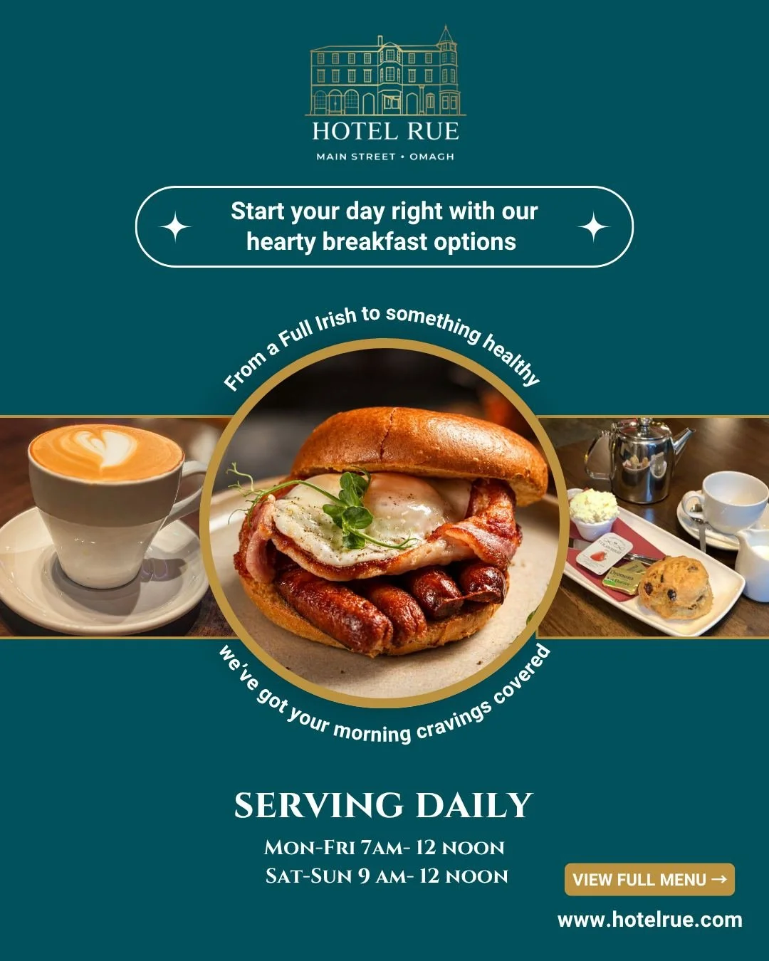 Start your morning the right way at Hotel Rue ☕✨

Whether you&rsquo;re craving a classic Full Irish or something a little lighter, our Breakfast Bliss menu has something to hit the spot 🍳🥐

📍 Hotel Rue, Main Street, Omagh
🕗 Mon&ndash;Fri: 7am&nda