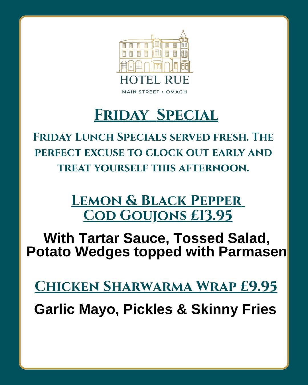 ✨ Friday lunches just got a lot more tempting at Hotel Rue ✨

Clock out early and treat yourself to one of today&rsquo;s fresh lunch specials 👇

🐟 Lemon &amp; Black Pepper Cod Goujons &ndash; &pound;13.95
Served with tartar sauce, tossed salad &amp