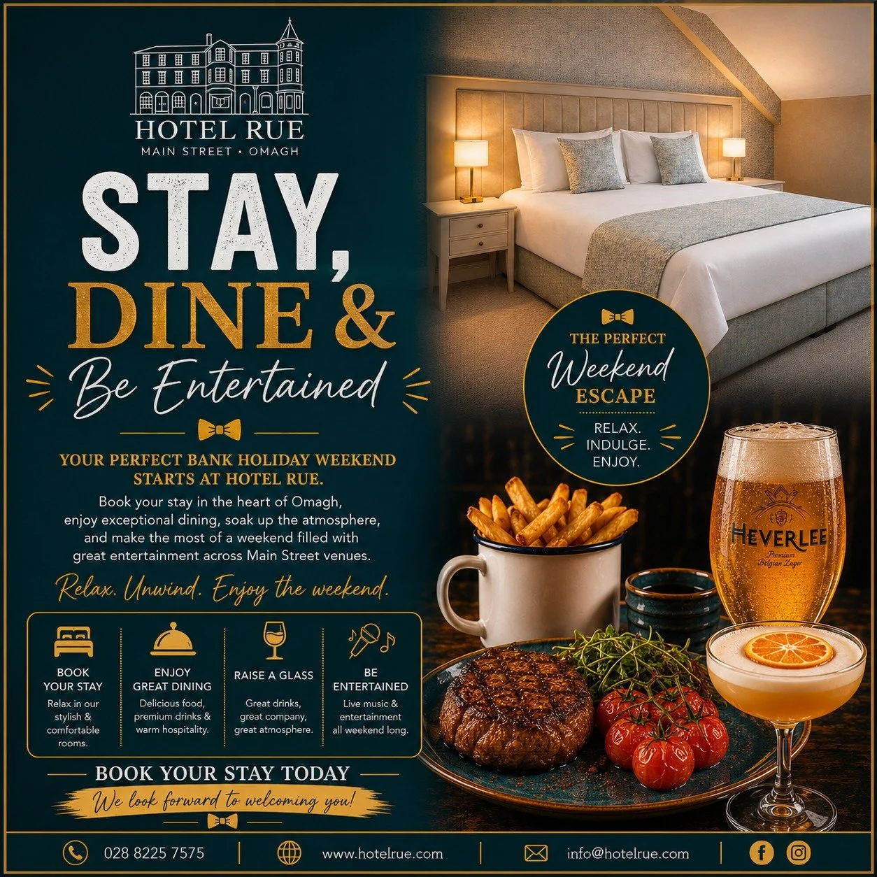 ✨ STAY. DINE. &amp; BE ENTERTAINED AT HOTEL RUE ✨

Make the most of the Bank Holiday weekend with the perfect escape in the heart of Omagh 🍸🎶

Book your stay at Hotel Rue, enjoy exceptional dining, soak up the atmosphere, and experience an incredib
