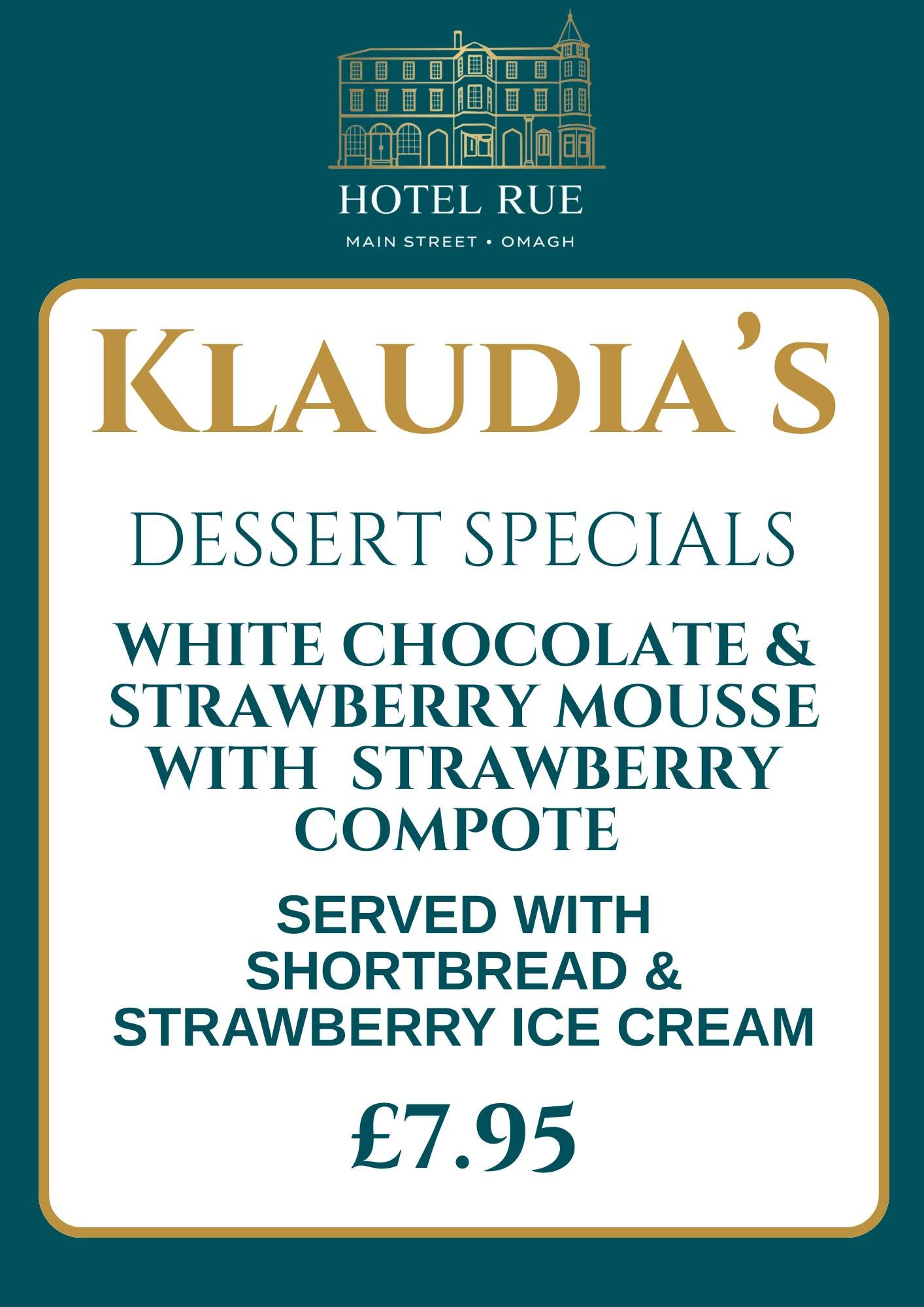 🍓✨ Dessert lovers&hellip; this one&rsquo;s for you ✨🍓

Indulge in Klaudia&rsquo;s latest Dessert Special at Hotel Rue 🍨

A delicious White Chocolate &amp; Strawberry Mousse served with fresh strawberry compote, buttery shortbread &amp; creamy stra