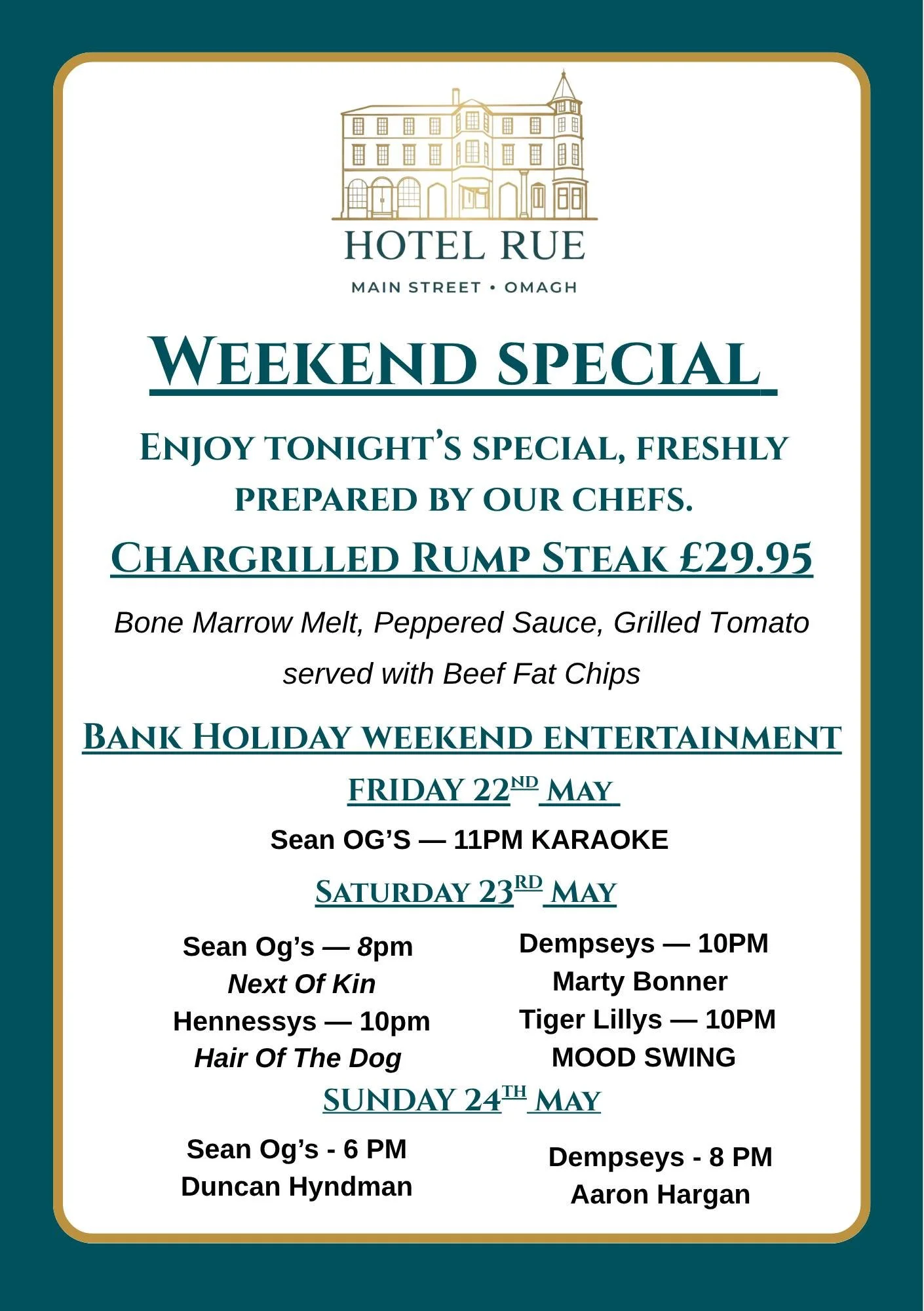 ✨ Bank Holiday Weekend plans sorted at Hotel Rue ✨

Treat yourself to our Weekend Special &mdash; a delicious Chargrilled Rump Steak topped with a rich bone marrow melt, peppered sauce, grilled tomato &amp; served with beef fat chips for just &pound;