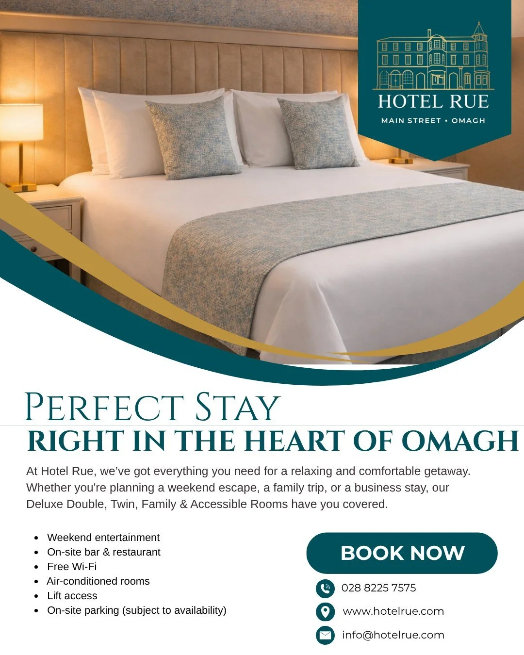 Your perfect stay starts right here at Hotel Rue Omagh ✨

Whether it&rsquo;s a weekend escape, family break, business trip or a night away with friends, Hotel Rue has everything you need for a relaxing and comfortable stay.
🛏 Deluxe Double, Twin, Fa