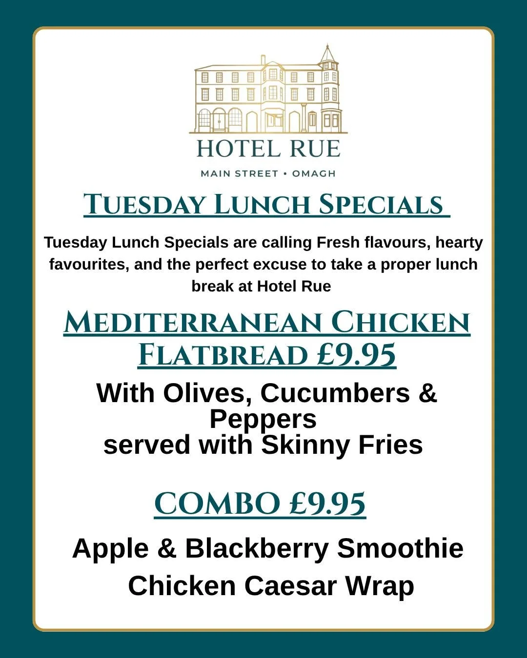 ☀️ The weather is amazing, so why not make the most of your lunch break at Hotel Rue ✨

Today&rsquo;s Tuesday Lunch Specials are packed with fresh flavours and perfect for a sunny afternoon 🍽️

🥙 Mediterranean Chicken Flatbread with olives, cucumbe