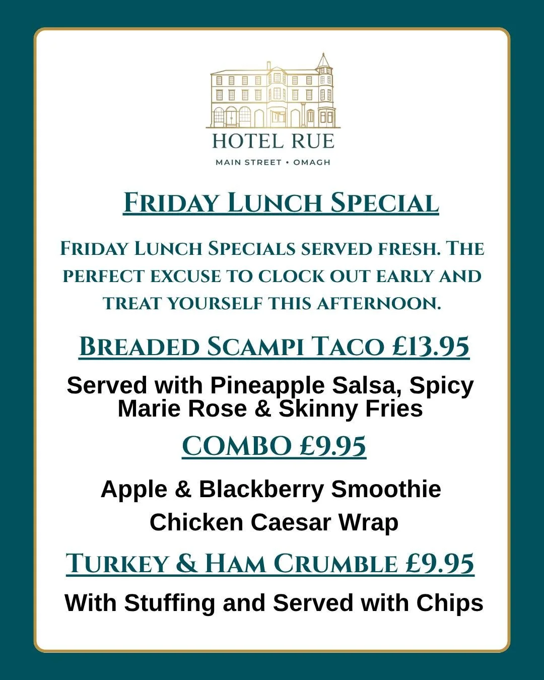 🍽️ Friday Lunch Special at Hotel Rue 🍽️

Looking for an excuse to take a proper lunch break today? We've got you covered! 😍

🌮 Breaded Scampi Taco &ndash; &pound;13.95
Served with pineapple salsa, spicy Marie Rose sauce &amp; skinny fries.

✨ Lun