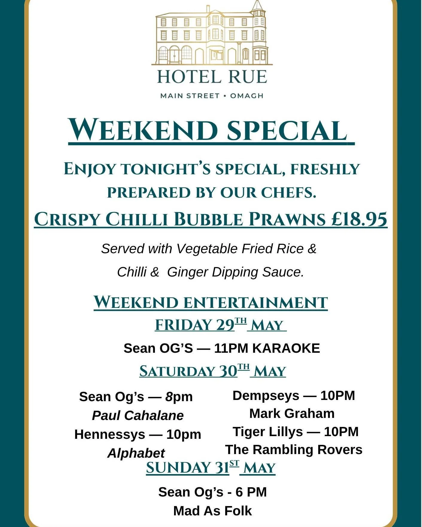 🌟 Weekend Special at Hotel Rue 🌟

Treat yourself this weekend with our chef&rsquo;s freshly prepared special:

🍤 Crispy Chilli Bubble Prawns &ndash; &pound;18.95
Served with Vegetable Fried Rice and a delicious Chilli &amp; Ginger Dipping Sauce.

