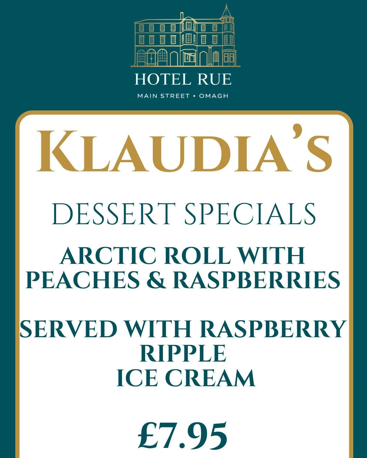 🍑✨ Dessert Special at Hotel Rue ✨🍑

Looking for the perfect sweet treat to finish your meal?

Indulge in our delicious Arctic Roll with Peaches &amp; Raspberries, served with creamy Raspberry Ripple Ice Cream for the ultimate dessert experience.

?