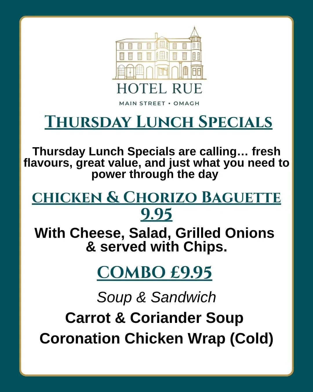 Thursday Lunch Specials are here! 🍽️

Looking for the perfect lunch break? We've got you covered with today's delicious specials at Hotel Rue.

🥖 Chicken &amp; Chorizo Baguette &ndash; &pound;9.95
Served with cheese, salad, grilled onions and crisp