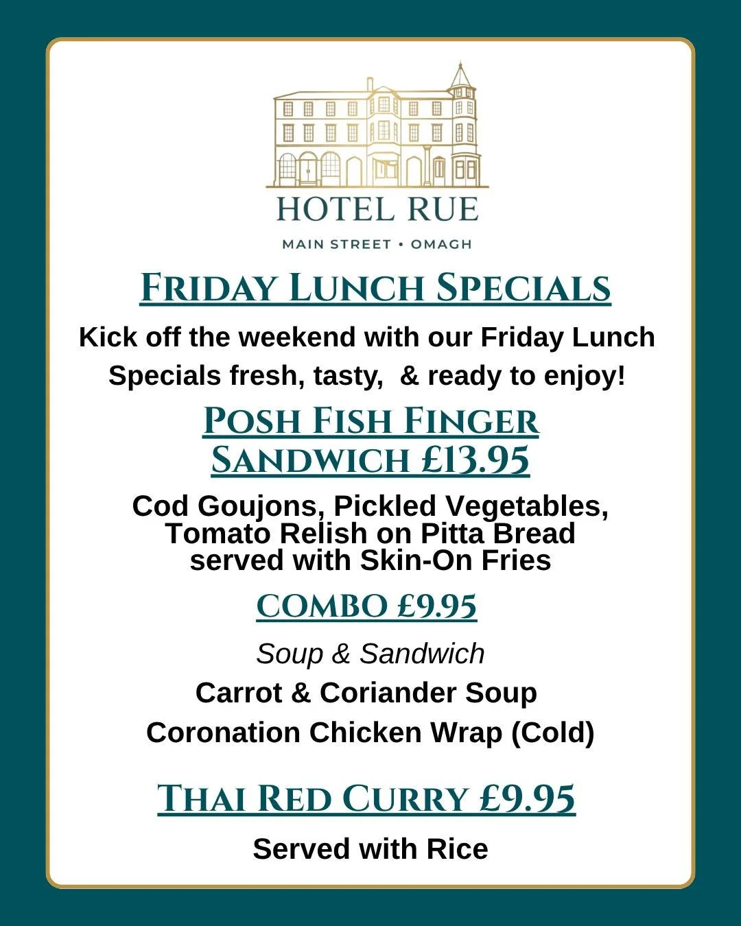 🌟 Friday Lunch Specials at Hotel Rue 🌟

Kick off the weekend with something delicious! Join us this Friday for our freshly prepared lunch specials, perfect for a catch-up with friends or a well-earned break.

🐟 Posh Fish Finger Sandwich &ndash; &p