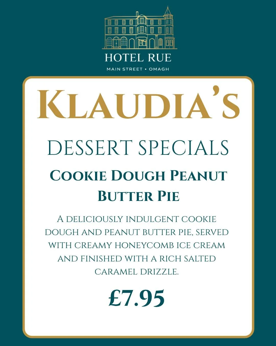 🍪✨ **SOMETHING SWEET AT HOTEL RUE!** ✨🍪

Calling all dessert lovers! 😍

Indulge in **Klaudia&rsquo;s Dessert Special** this weekend!

🍰 **Cookie Dough Peanut Butter Pie** &ndash; A deliciously indulgent combination of cookie dough and peanut butt