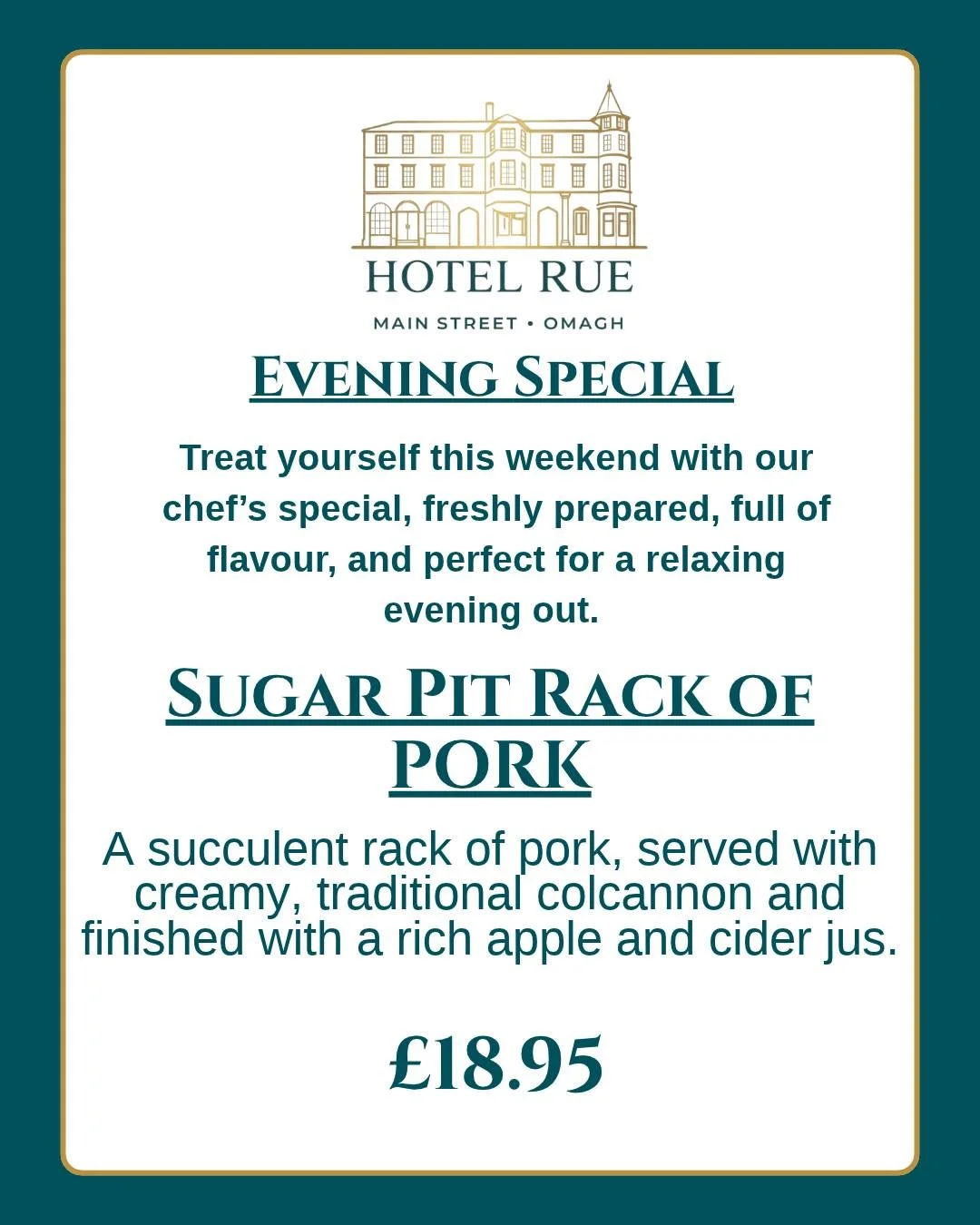 🍽️✨ **YOUR WEEKEND EVENING SPECIAL!** ✨🍽️

Looking for the perfect excuse to enjoy an evening out this weekend? We've got something delicious waiting for you at Hotel Rue! 😍

🔥 **Sugar Pit Rack of Pork**

A succulent rack of pork, served with cre