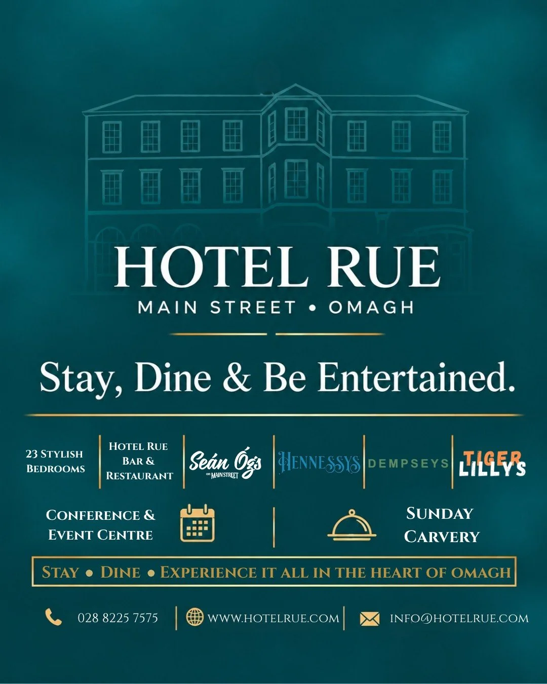 ✨ **STAY. DINE &amp; BE ENTERTAINED.** ✨

🏨 **One Destination. Endless Experiences.**

Welcome to **Hotel Rue**, right in the heart of Omagh, where there's so much more to discover than just a place to stay!

🛏️ **23 Stylish Bedrooms** &ndash; Rela