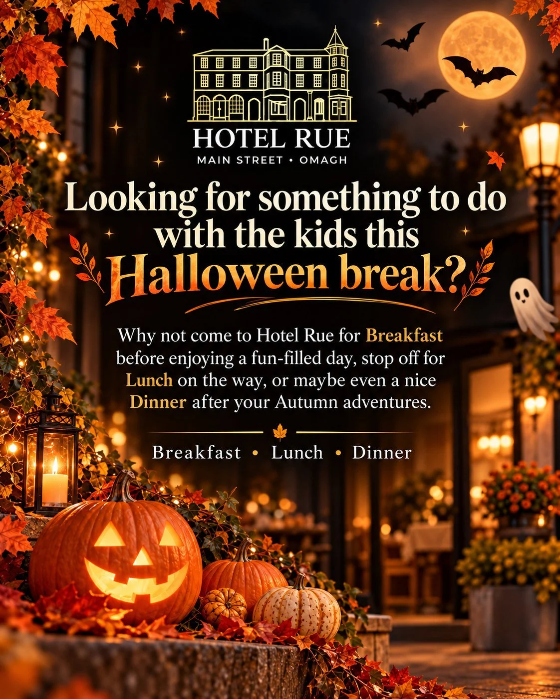 🎃🍂 **HALLOWEEN HALF-TERM AT HOTEL RUE!** 🍂🎃

Looking for something to do with the kids this Halloween break? 👻

Whether you're heading off on an autumn adventure or enjoying a family day out, why not make Hotel Rue part of your plans? 🧡

🥞 **B
