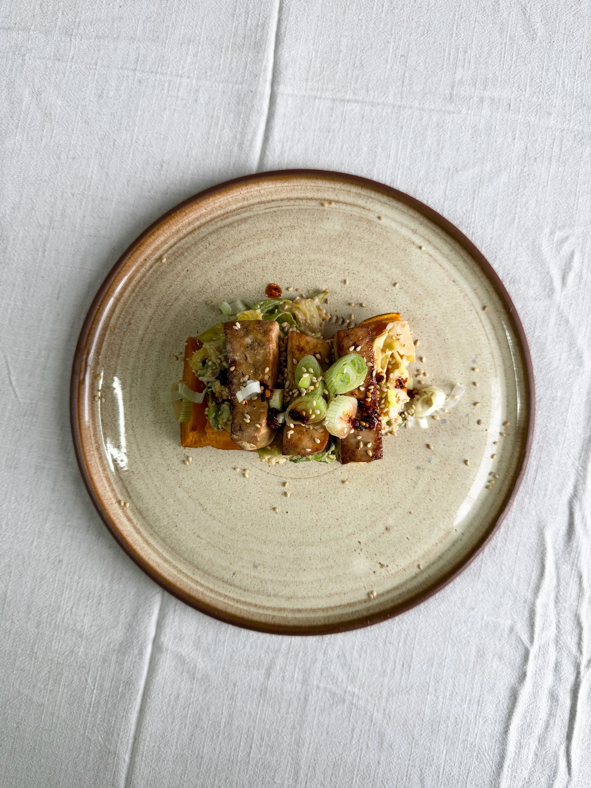 Miso-tahini cabbage with Crispy Tofu &amp; Sweet Potato