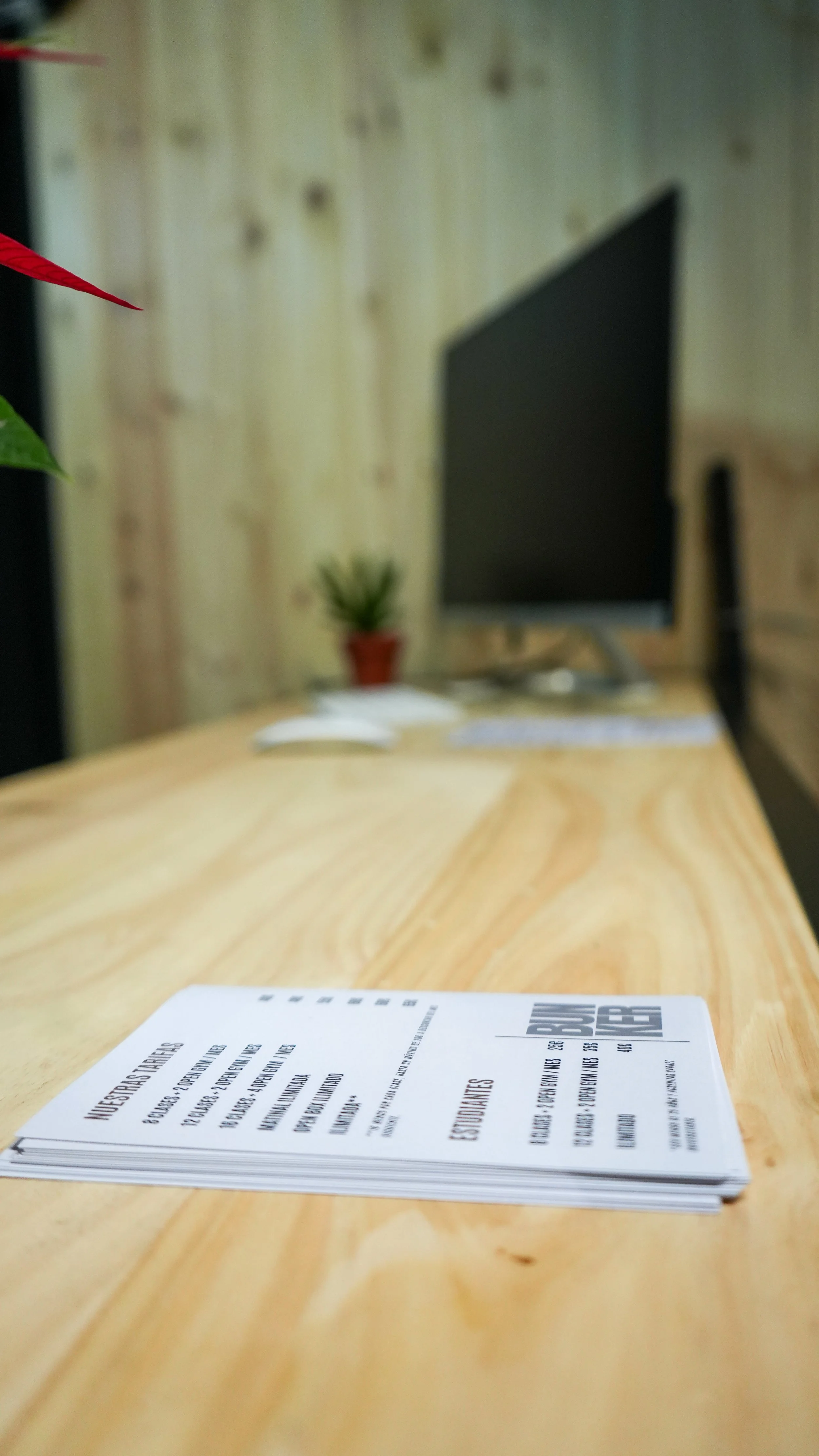 Recibo impreso sobre una mesa de madera en una oficina. En el fondo, se ve un monitor, una planta en maceta y una pared de madera.