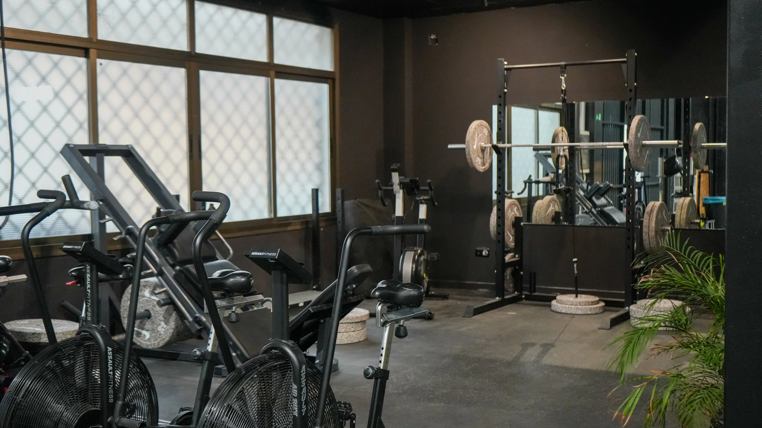 Gimnasio con máquinas de ejercicio cardiovascular y una estructura de levantamiento de pesas con varias pesas en las barras.