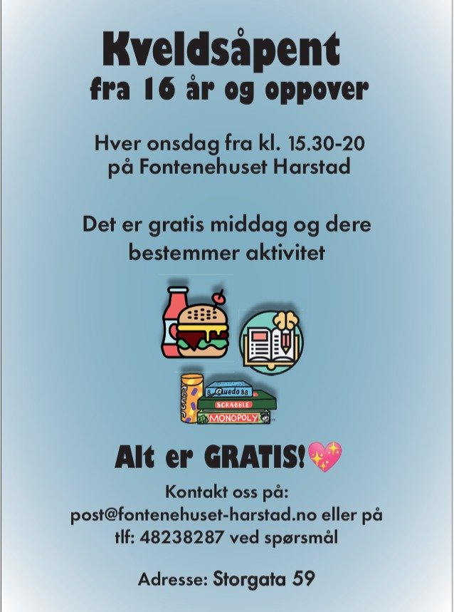 🎉 Onsdag = Kveldsåpent på Fontenehuset Harstad! 🎉 
Fra kl. 17 til 20 åpner vi dørene – og du? Du trenger ikke være medlem, bare nysgjerrig og klar for en trivelig kveld!
🍽️ Gratis mat (ja, du leste riktig &nd